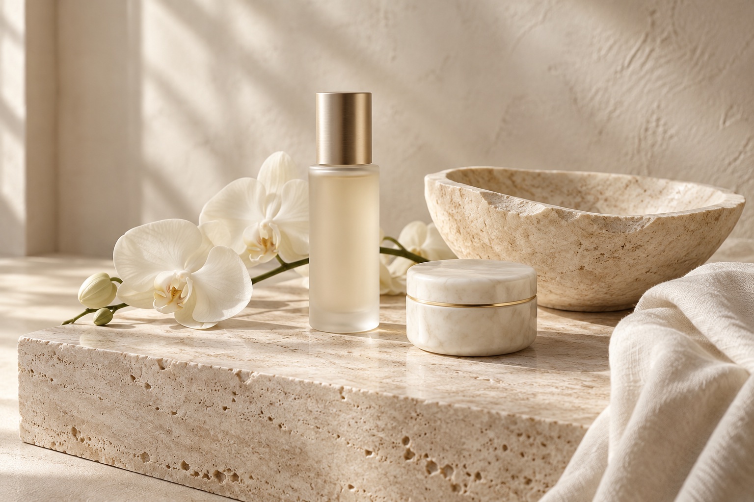 Minh họa sản phẩm chăm sóc da trên đá travertine cùng hoa lan trắng