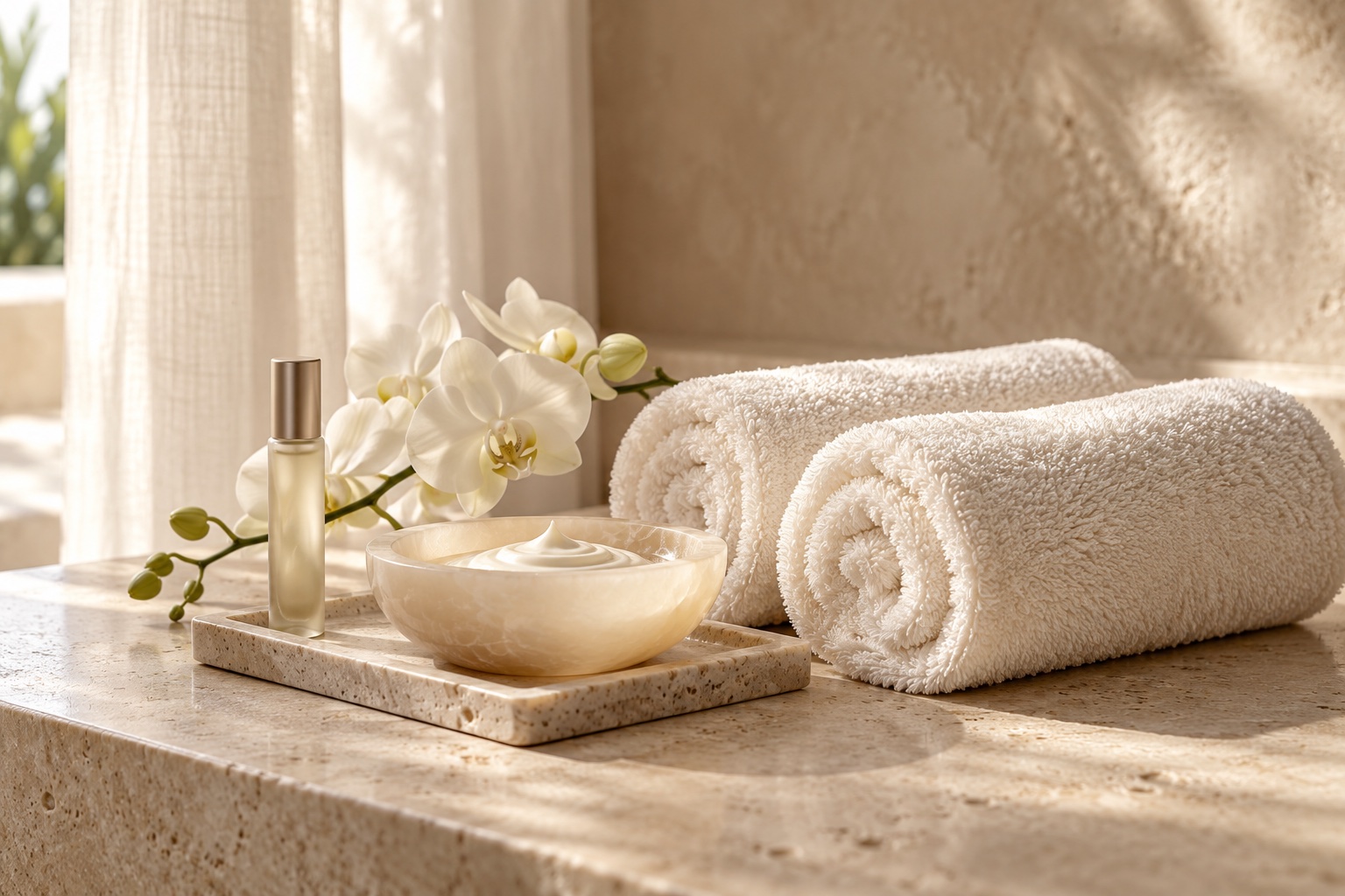 Minh họa khăn kem, khay đá và hoa lan trong không gian spa